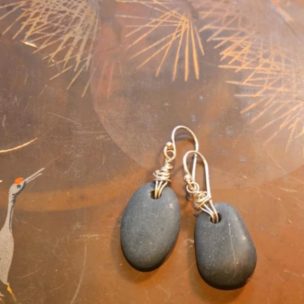 Drilled black stone with sterling wrap earings.